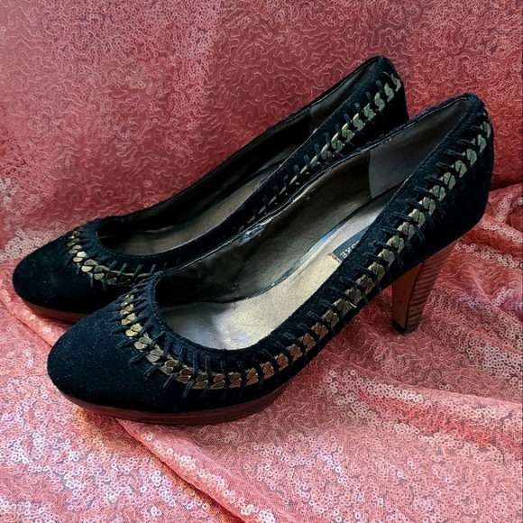 Steve Madden Luxe Jamie Platform Heels - Black Suede, Chain Detail, Size 8.5 - Picture 1 of 6